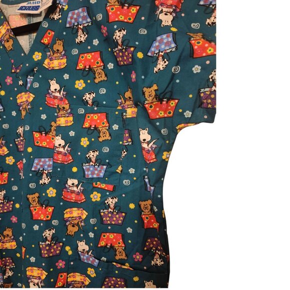 MHD Scrubs Teal Dog Floral Print Scrubs Top Size M 10/12 - Picture 4 of 5
